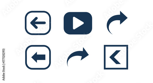 Vector illustration of set of dark blue rewind, play, and forward icons perfect for user interface design, app development, and multimedia projects