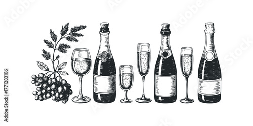 Sparkling wine bottles and glasses with grape vine