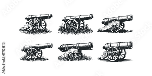 Six vintage cannon illustrations on white background