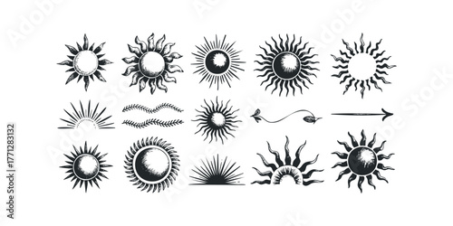 Collection of Stylized Sun Emblems and Decorative Arrows