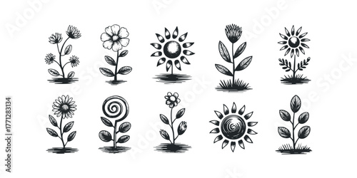 Collection of ten hand drawn stylized flora elements