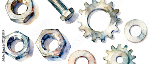 水彩で描いたナットやギアが織りなす機械パーツ｜背景なし・透過PNG・コピースペース