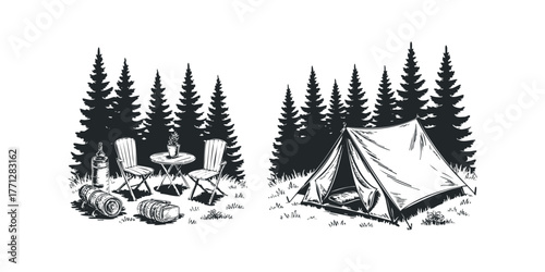 Camp scene with tent and outdoor seating