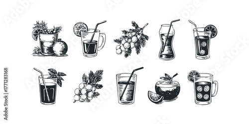 Collection of Hand Drawn Beverages and Fruit Garnishes