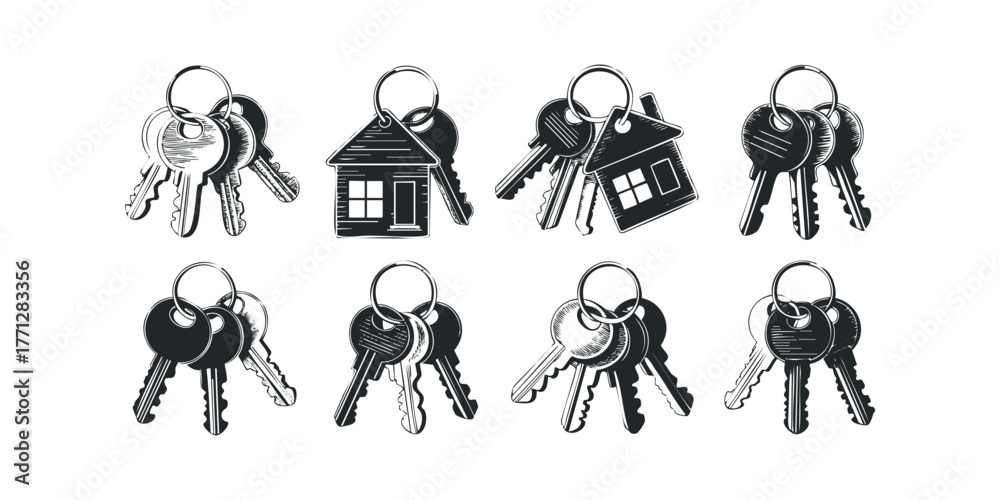 Naklejka premium Collection of Metal Keys and House Shaped Keychains