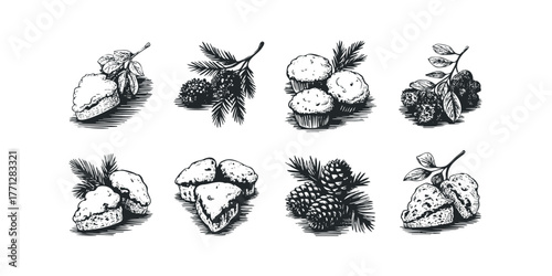 Assortment of baked goods and pine cones depicted in a linocut style