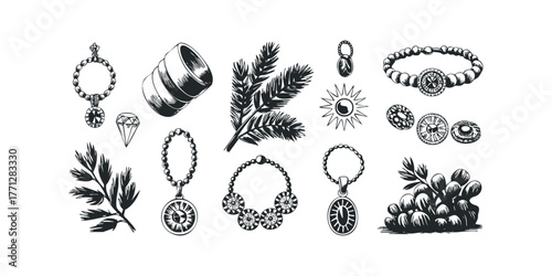 Collection of Hand Drawn Ancient Jewelry and Botanical Elements