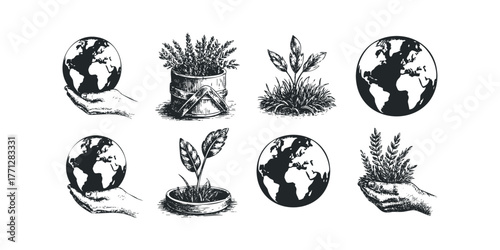 World held in hands and potted plants collection