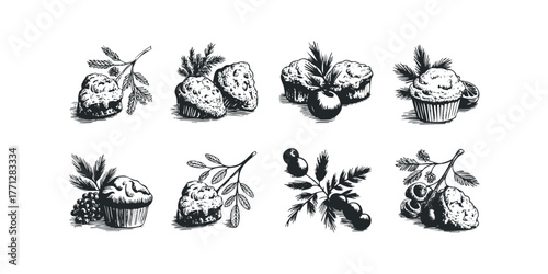 Various baked muffins and fruits in linocut style