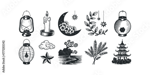 Collection of hand drawn ornamental elements and symbols