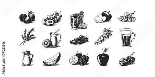 Group of Fresh Fruits and Beverages Collection