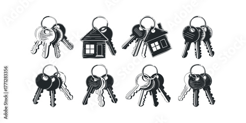 Collection of Metal Keys and House Shaped Keychains