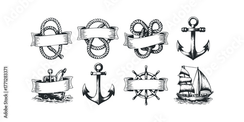 Nautical vector icons featuring anchors, ropes, and ships