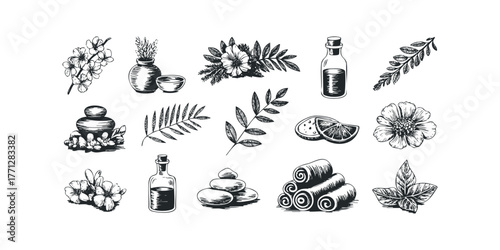 Hand-drawn collection of spa and wellness elements