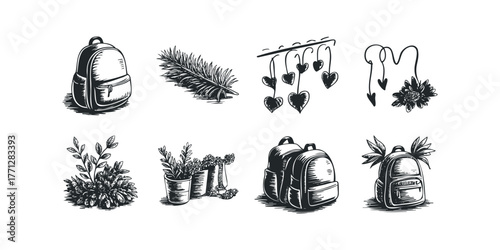 Collection of Hand-Drawn Backpacks and Botanical Elements
