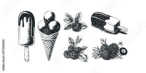 Blackberry ice cream cone and popsicle with fresh berries