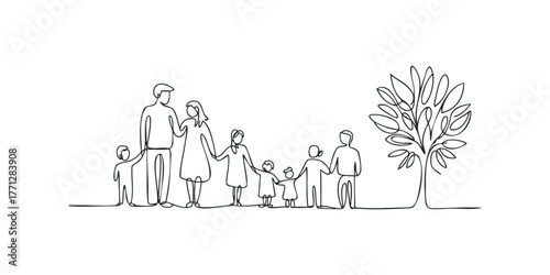 Continuous line drawing of a family holding hands by a stylized tree