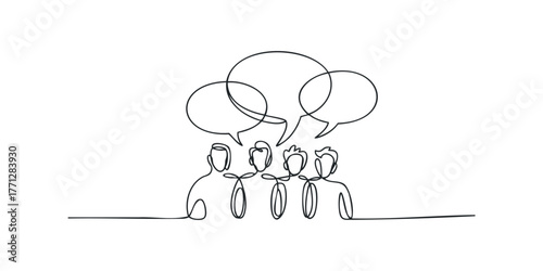 Group of figures with speech bubbles communicating