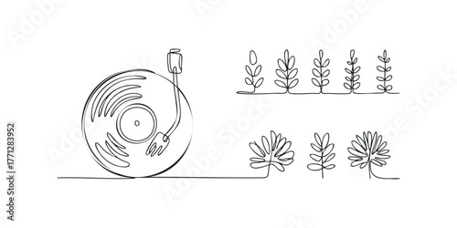 Single line drawing of a vinyl record player and botanical sprigs
