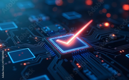 Glowing digital checkmarks on circuit board, indicating success, completion, or data verification in a futuristic setting. High-tech design. High quality