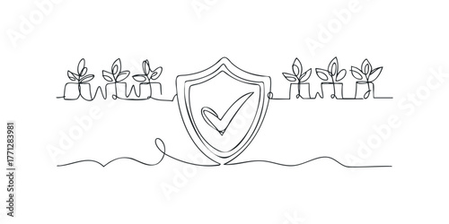 Shield with Checkmark and Potted Plants in Continuous Line Style