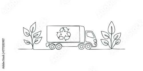 Recycling truck with leaves single line drawing