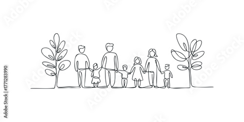 Continuous line drawing of a multi-generational family group standing together