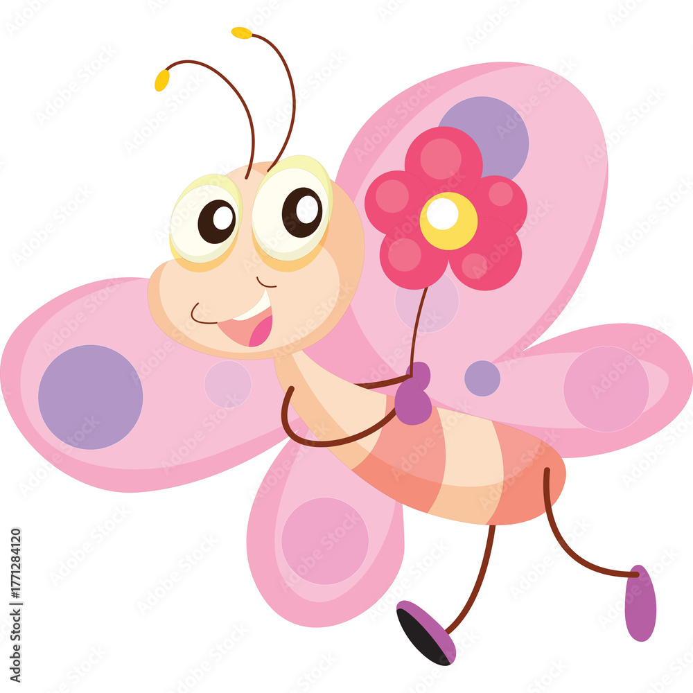Naklejka premium Cute Pink Butterfly Character Holding a Pink Flower With Purple Dots on Wings Transparent Background Vector Art