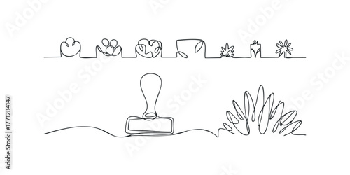 Continuous Line Drawing of Stamp and Abstract Floral Shapes