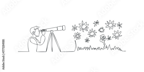 Man observes celestial bodies through a telescope at night