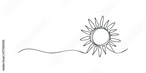 Stylized sun with flowing line on white