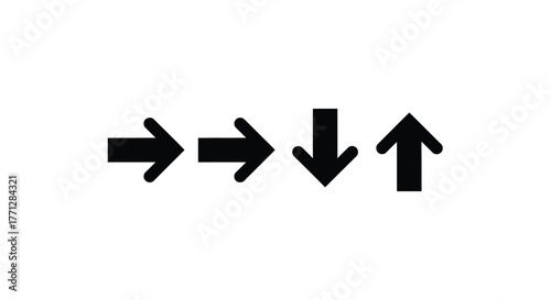 Vector illustration of a sequence of arrows pointing right, then down, then up, , representing direction changes and fluctuations in a modern design