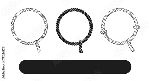 A collection of three distinct vector rope circles, two outlined and one solid, some with knots, along with a rounded black banner element.