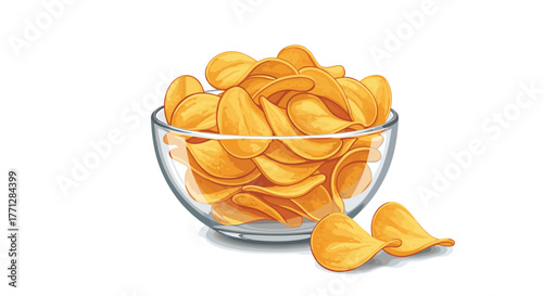 A clear glass bowl filled to the brim with crispy, golden potato chips, with a few chips spilled out, against a bright white background.