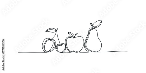 Continuous line drawing of assorted fruits on a white background