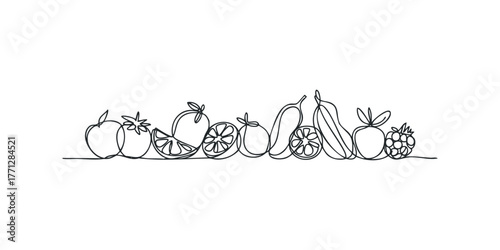 Continuous Line Drawing of Assorted Fruits and Vegetables