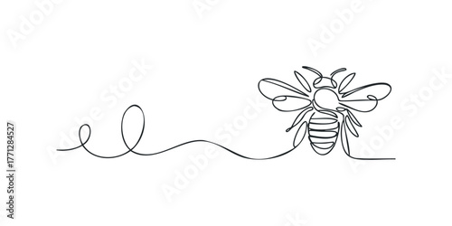 Minimalist bee with swirling line on white