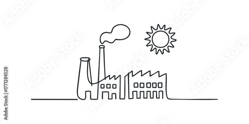 Factory building with smoke and sun line drawing