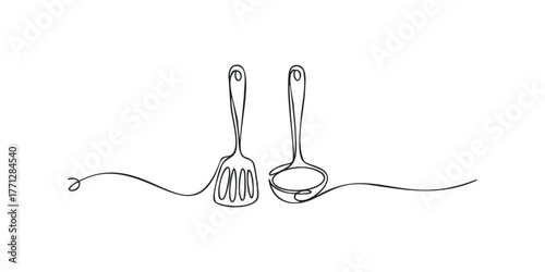 Spatula and Ladle Cooking Utensils One Line Drawing