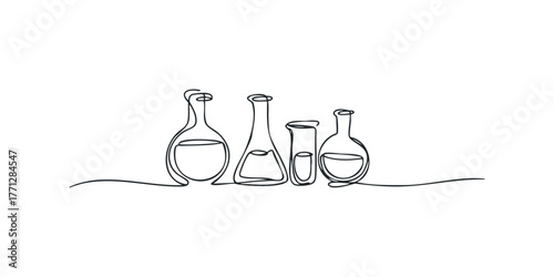 Line art arrangement of diverse scientific laboratory flasks