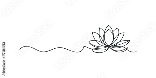 Continuous Line Drawing of Lotus Flower and Wavy Line