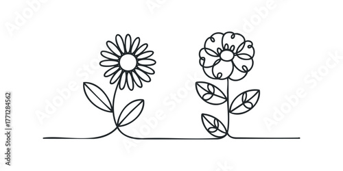 Simple outline drawings of two distinct flowers with leaves