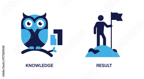 Vector illustration of an owl symbolizing knowledge and a figure planting a flag on a mountain peak representing results, , in a modern design