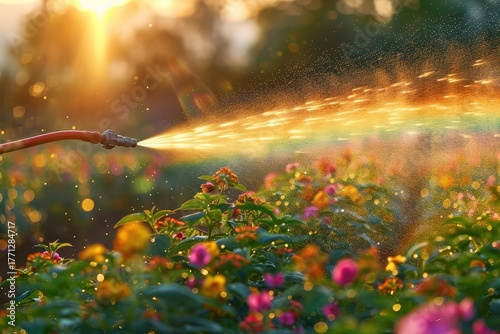 Close-up of sprayer nozzle with rainbow in the background.