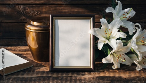 Blank funeral frame with mortuary urn, book and lily flowers on wooden table in room.
