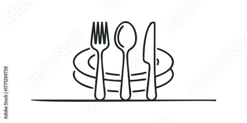 Simple outline of cutlery and plate on white background