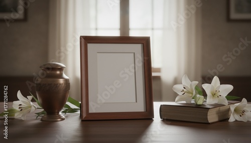 Blank funeral frame with mortuary urn, book and lily flowers on wooden table in room.