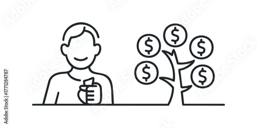 Person holding cash near money tree with dollar coins