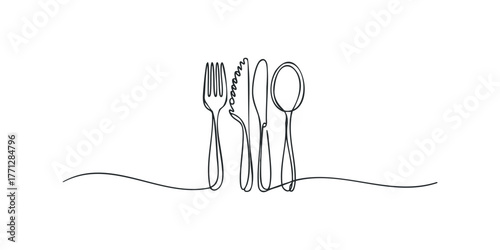 Line art cutlery set with fork knife and spoon