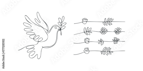 Dove with olive branch line art and decorative floral elements